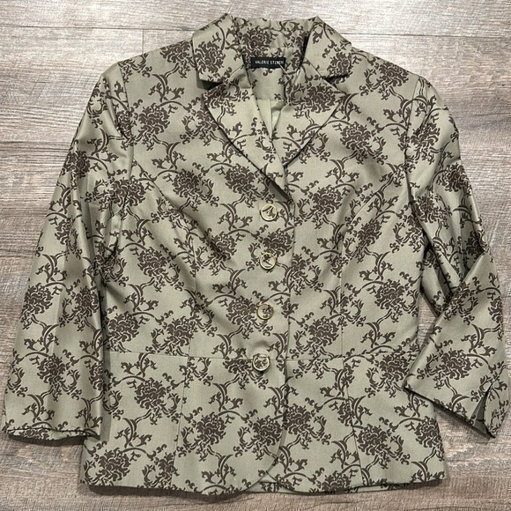 Valerie Stevens sage green/brown silk/cotton, brocade blazer jacket size 4